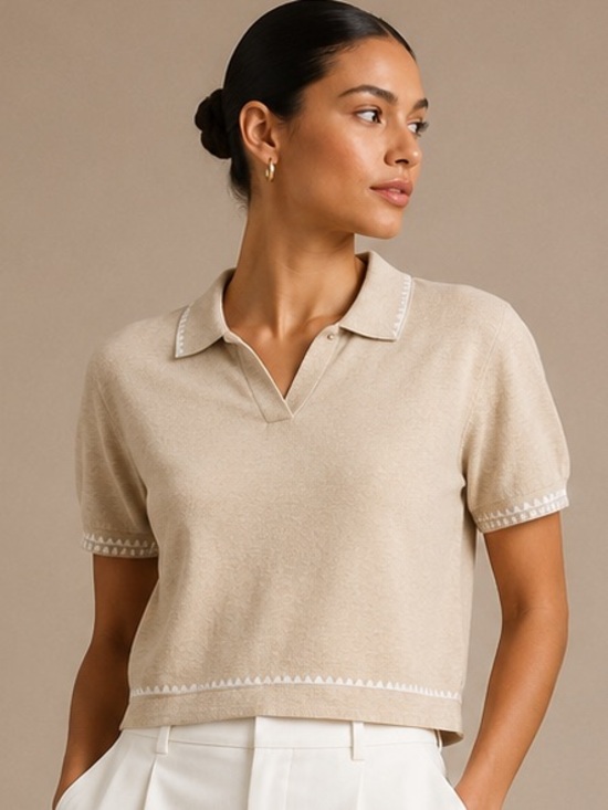 Tuckernuck Tops - Tuckernuck Beige Trim Polo Top Size Large Preppy Coastal Chic